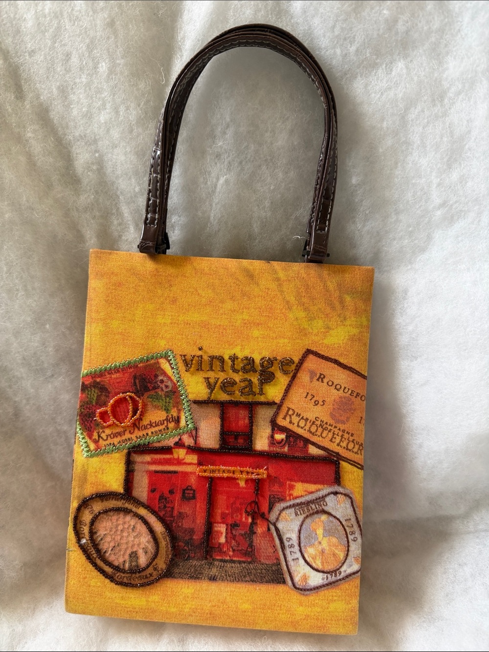 Yellow Canvas Tote with Brown Handles and Vintage Graphic